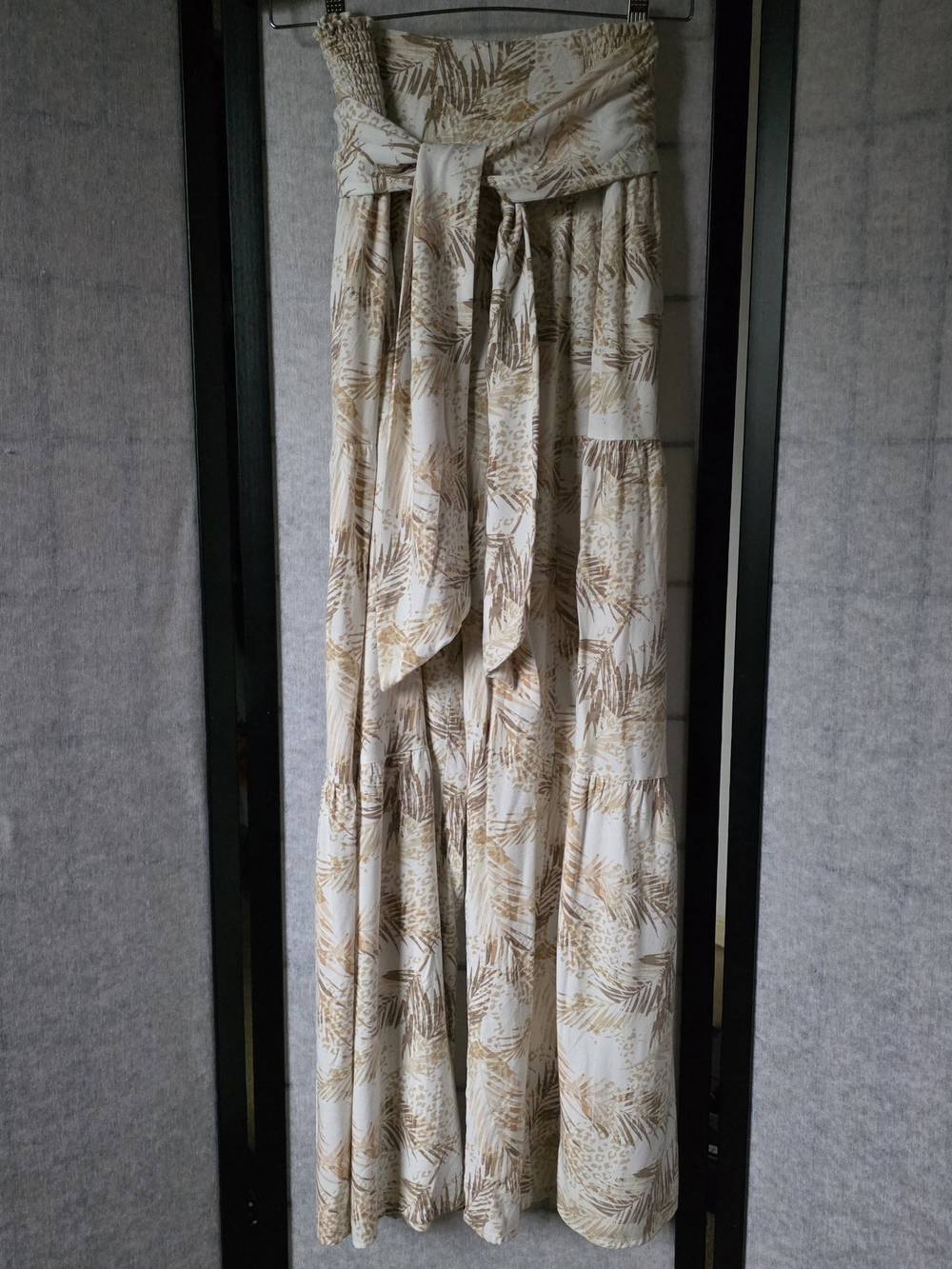 Boho Printed Maxi Skirt with Tie Waist - Cream & Tan